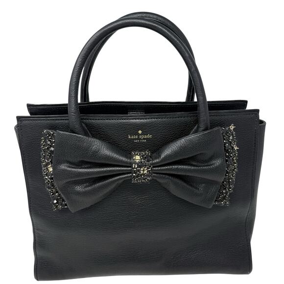 Kate Spade New York Black Manor Place Cow Leather Rhinestones Bow Satchel Purse - Picture 2 of 16